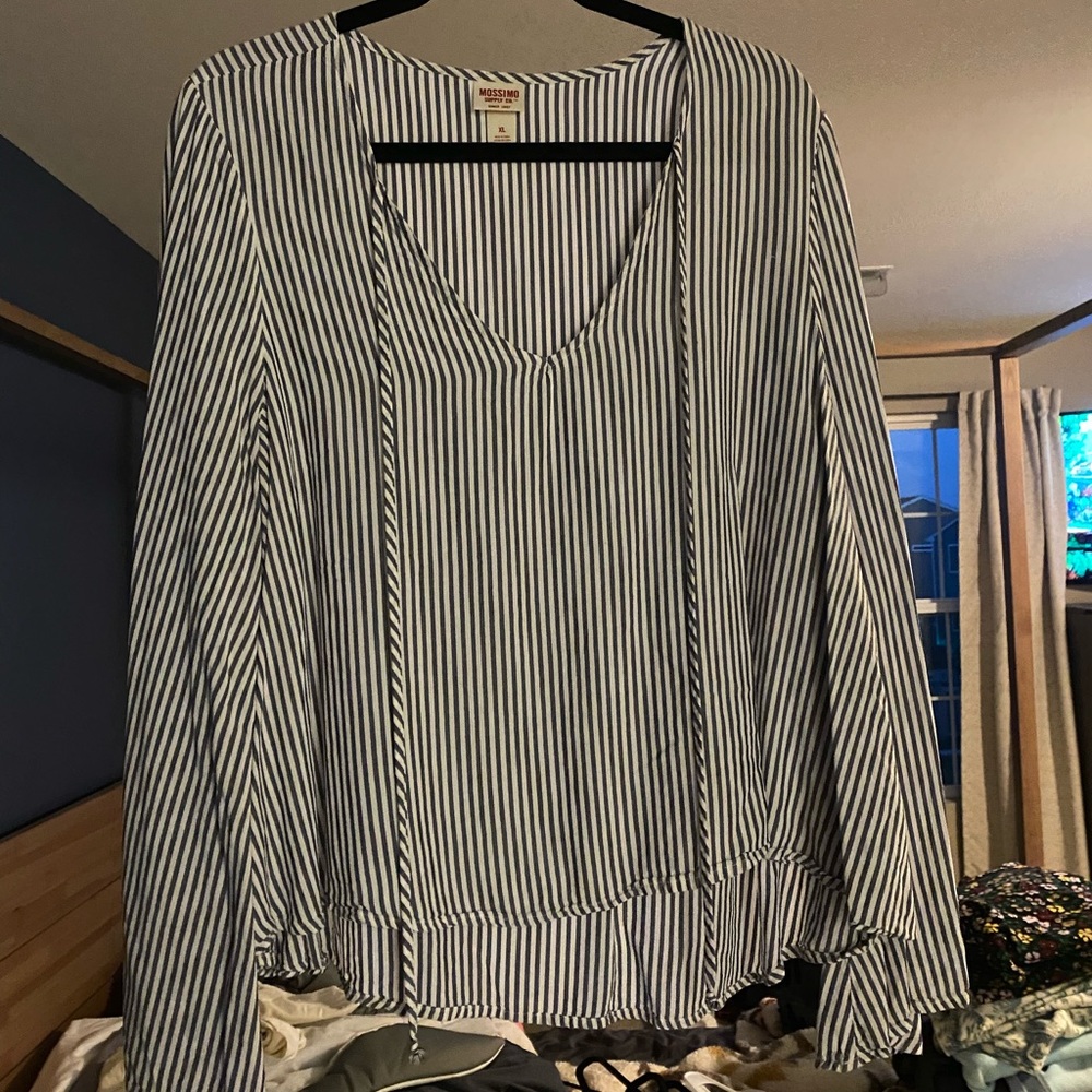 Navy and white striped bell sleeve top
